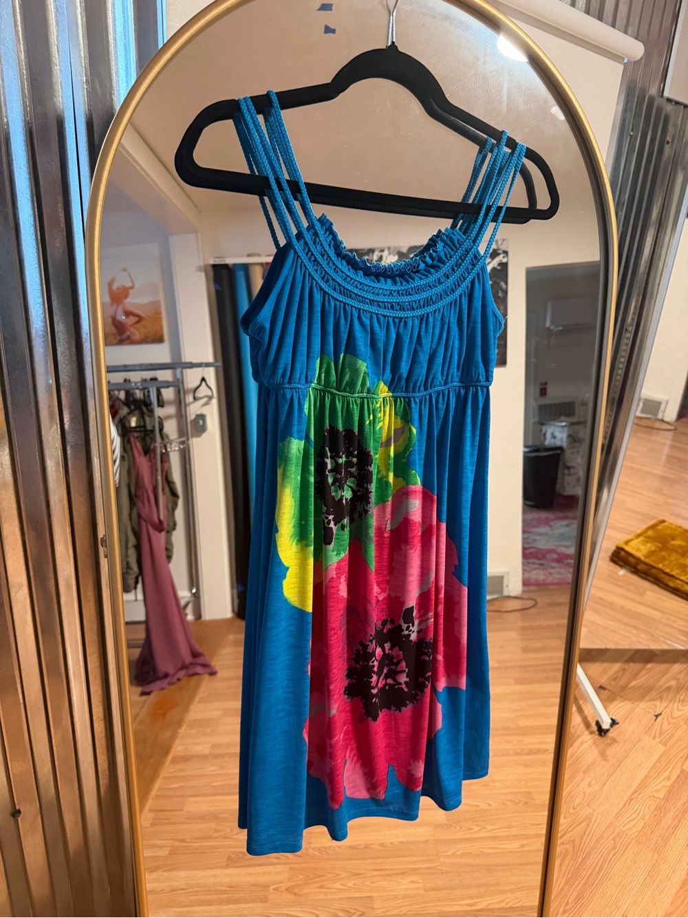 Moa Moa Teal Blue Floral Sundress with Pink and Yellow Blooms